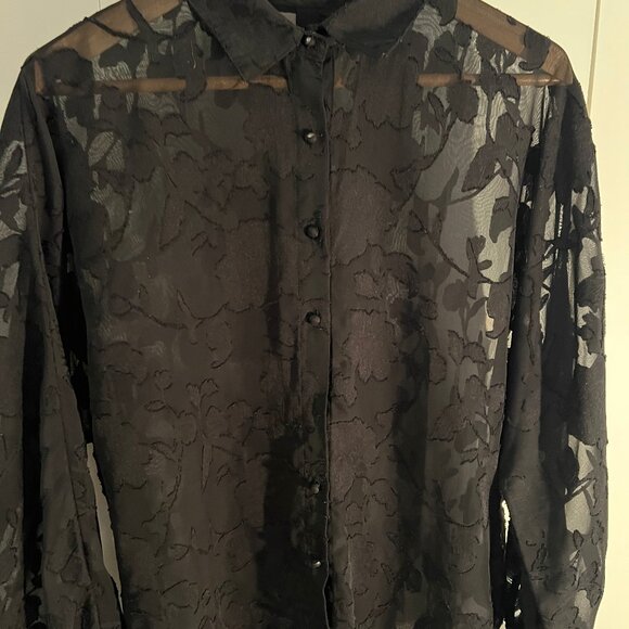 Black Sheer Button Down Floral Blouse Dress Shirt Large - Picture 10 of 10